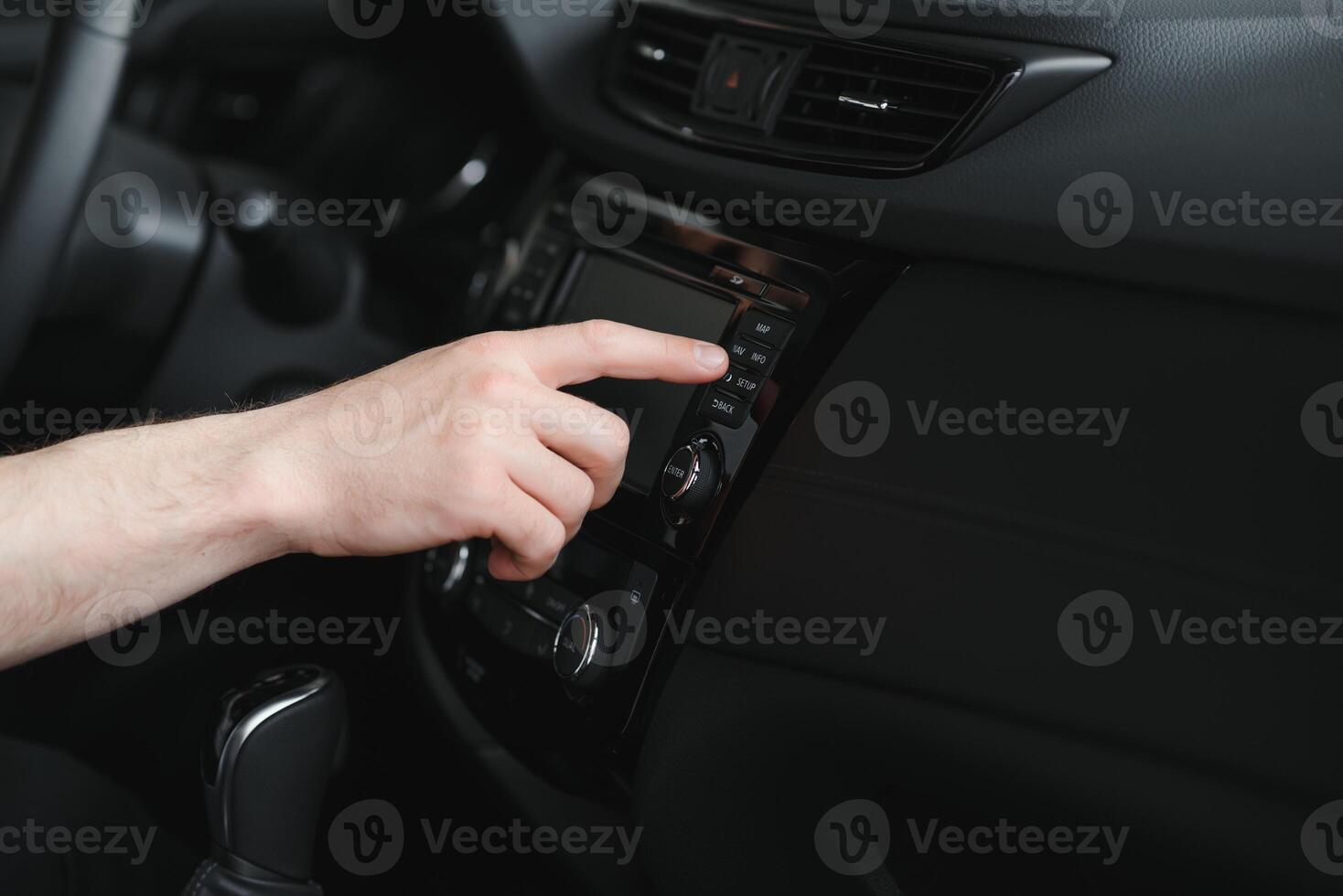 car interior. Modern car speedometer and illuminated dashboard. Luxurious car instrument cluster. Close up shot of hybrid car instrument panel photo