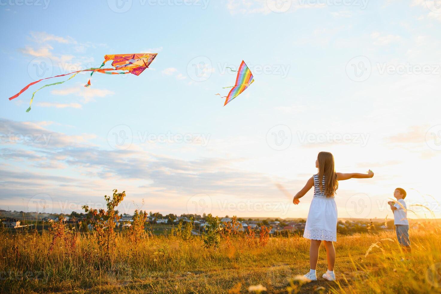 Brother and sister playing with kite and plane at the field on the sunset. photo
