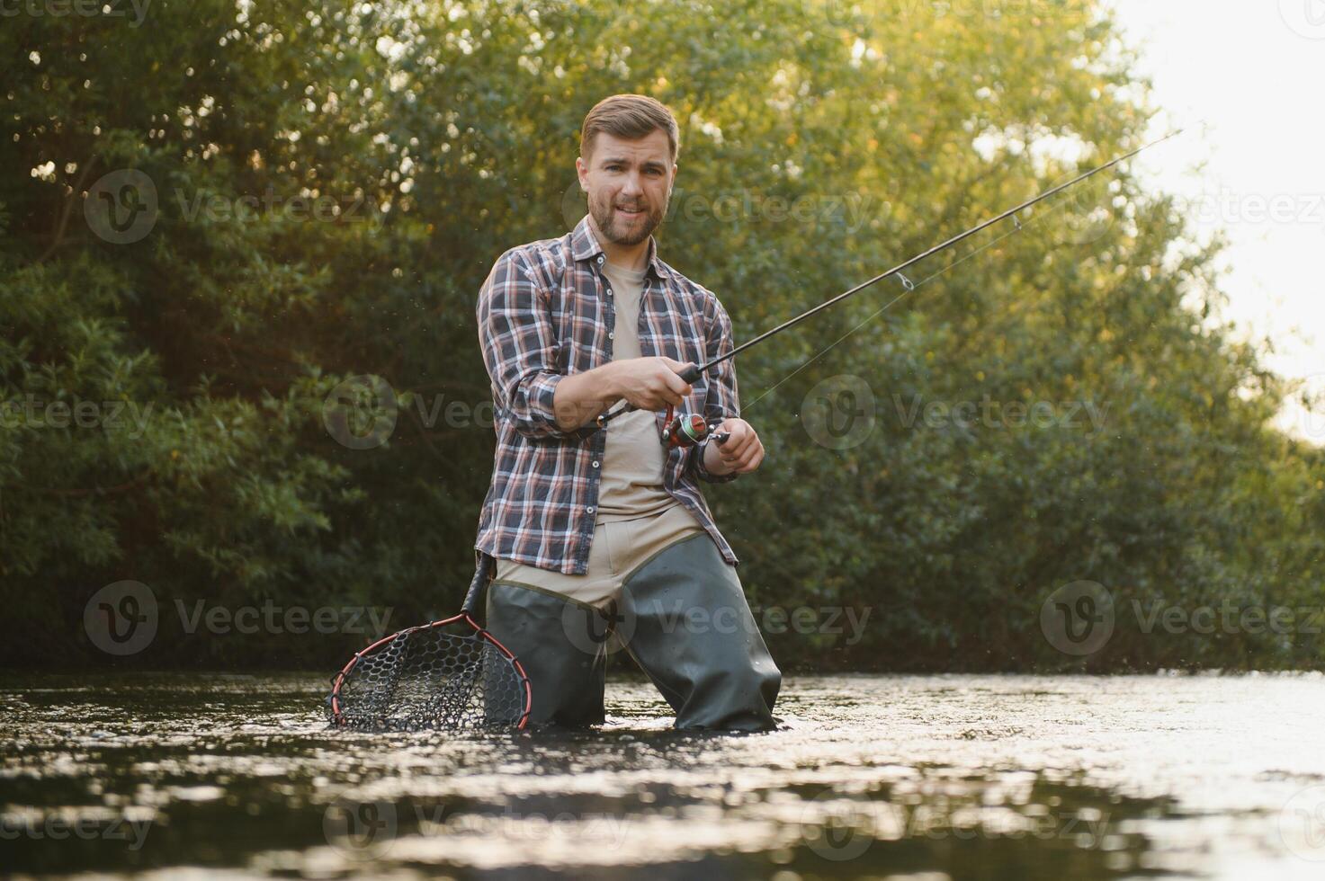 Male hobby. Ready for fishing. Relax in natural environment. Trout bait. Bearded elegant man. Man relaxing nature background. Strategy. Hobby sport activity. Activity and hobby. Catching and fishing photo