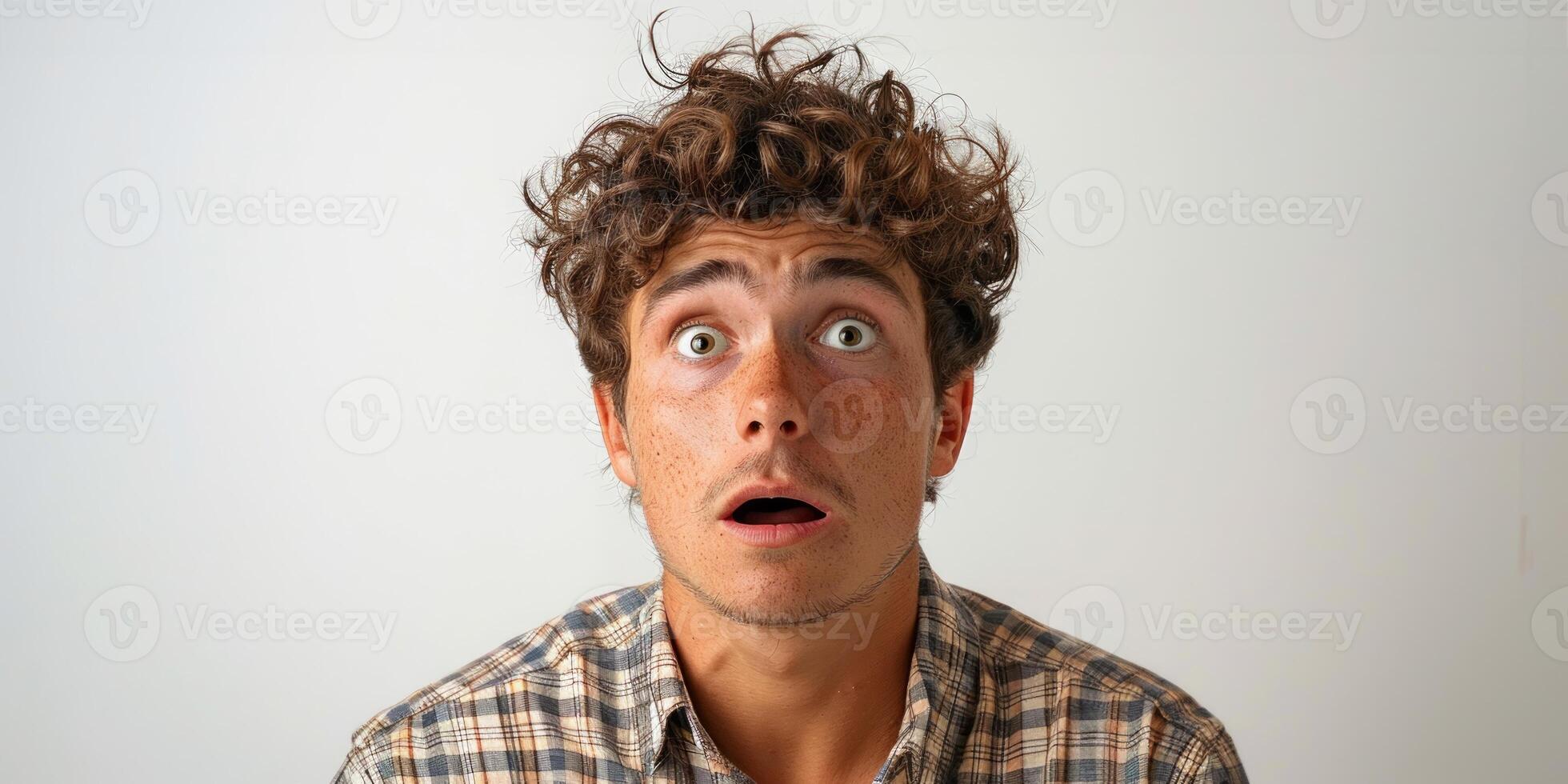 AI generated A surprised man in front of a white background, inflation around the world design photo