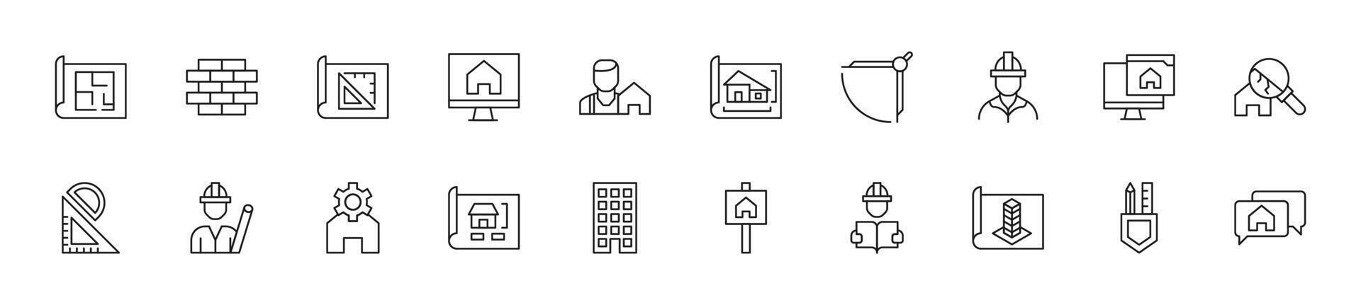 Collection of thin line icons of building and renovation. Linear sign and editable stroke. Suitable for web sites, books, articles vector