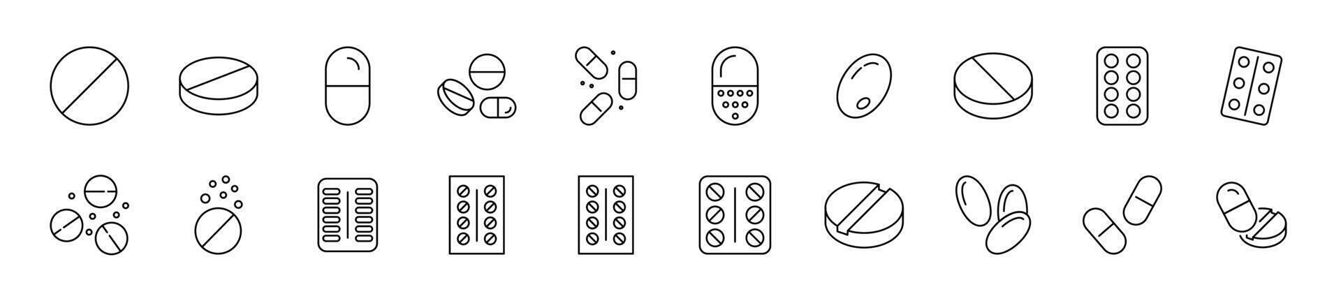 Collection of thin line icons of pills. Linear sign and editable stroke. Suitable for web sites, books, articles vector