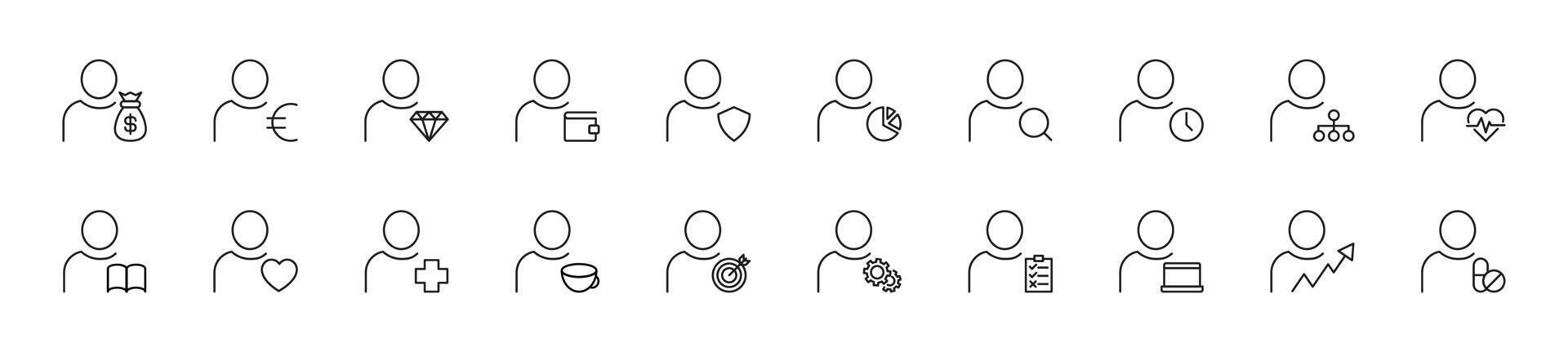 Collection of thin line icons of items by faceless user. Linear sign and editable stroke. Suitable for web sites, books, articles vector