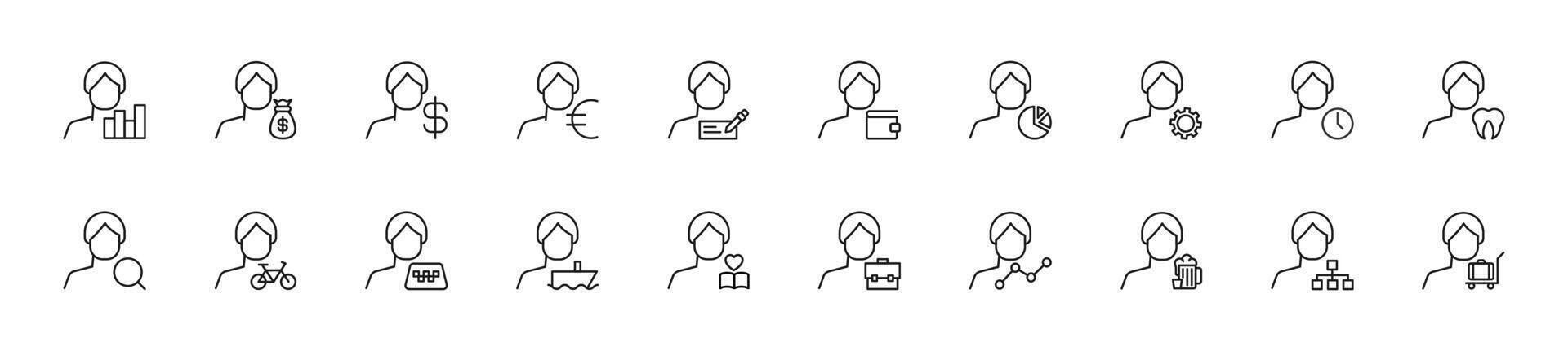 Collection of thin line icons of items next to faceless man. Linear sign and editable stroke. Suitable for web sites, books, articles vector