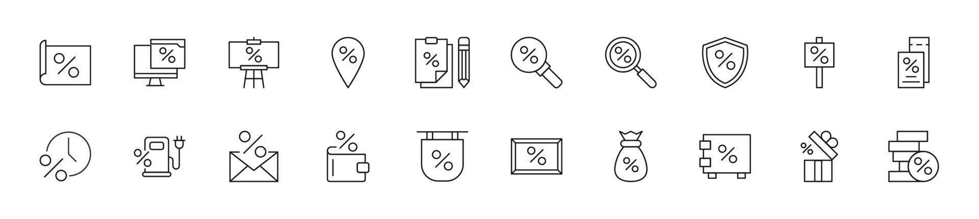 Collection of thin line icons of percent by various signs. Linear sign and editable stroke. Suitable for web sites, books, articles vector