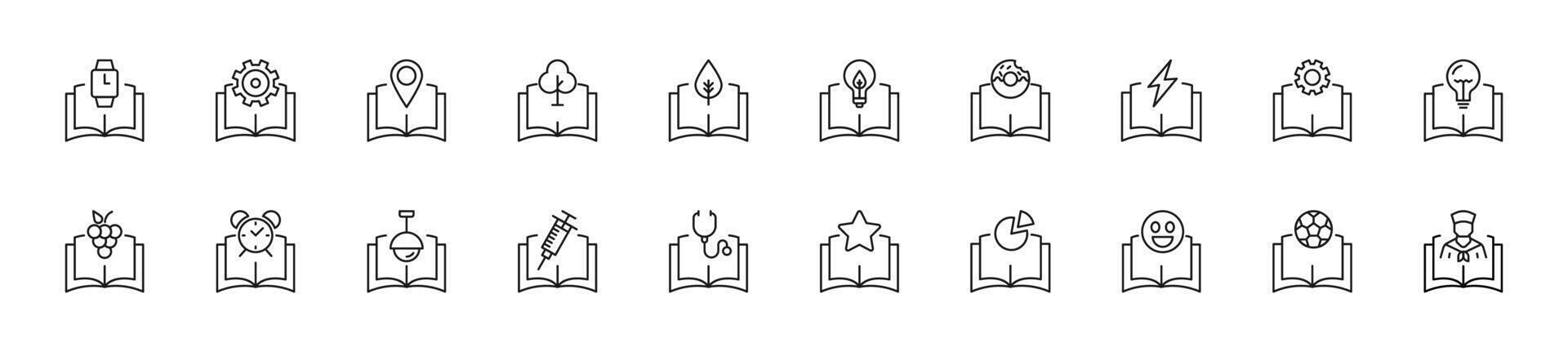 Collection of thin line icons of items over books. Linear sign and editable stroke. Suitable for web sites, books, articles vector