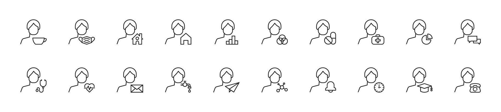 Collection of thin line icons of items by faceless man. Linear sign and editable stroke. Suitable for web sites, books, articles vector