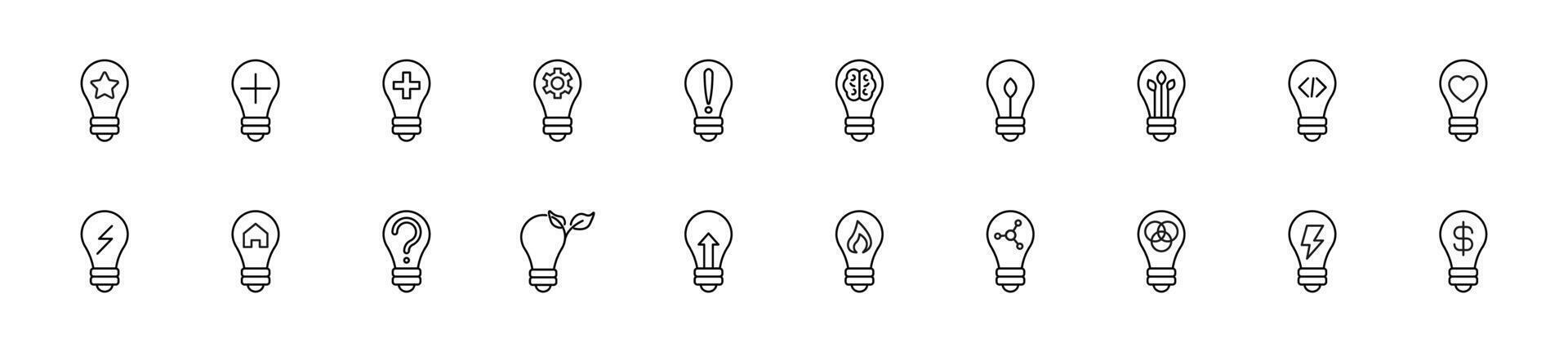 Collection of thin line icons of various signs inside of light bulb. Linear sign and editable stroke. Suitable for web sites, books, articles vector