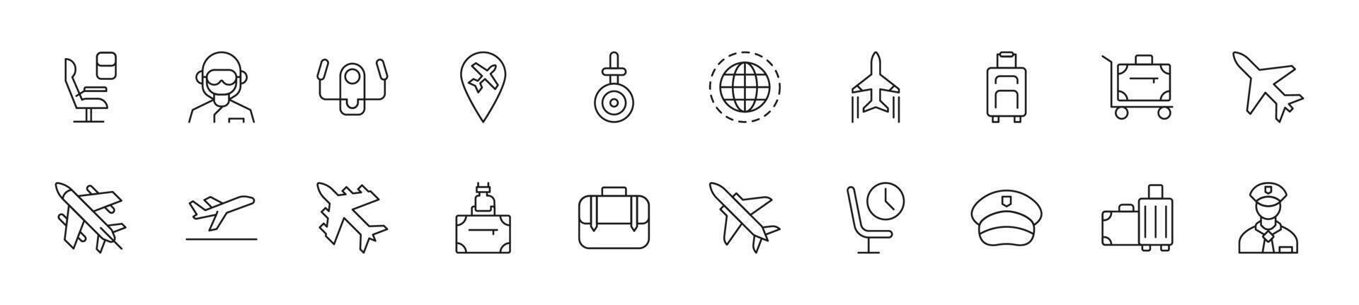 Collection of thin line icons of airplane. Linear sign and editable stroke. Suitable for web sites, books, articles vector