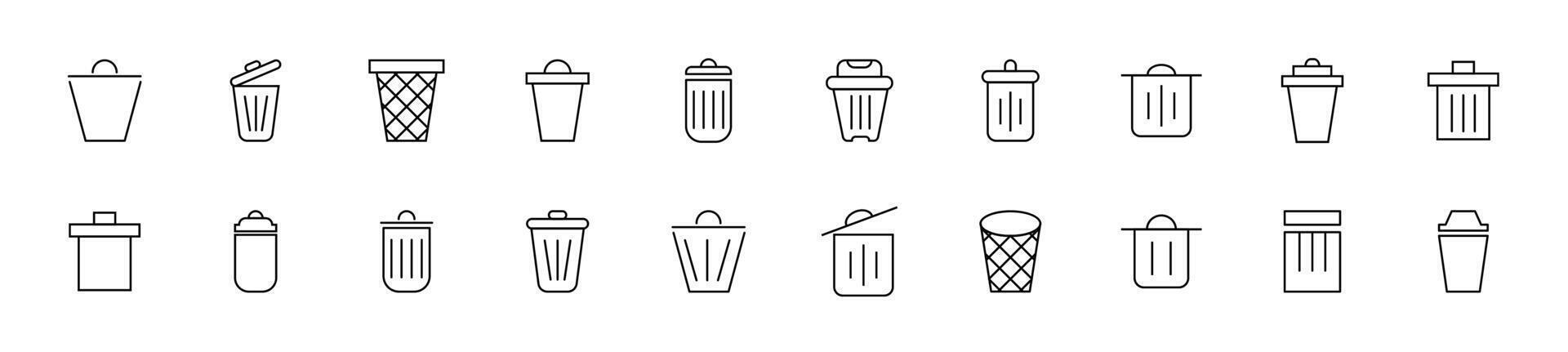 Collection of thin line icons of trash can. Linear sign and editable stroke. Suitable for web sites, books, articles vector