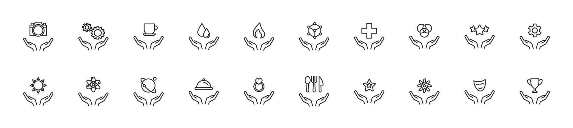 Collection of thin line icons of various items over opened palms. Linear sign and editable stroke. Suitable for web sites, books, articles vector