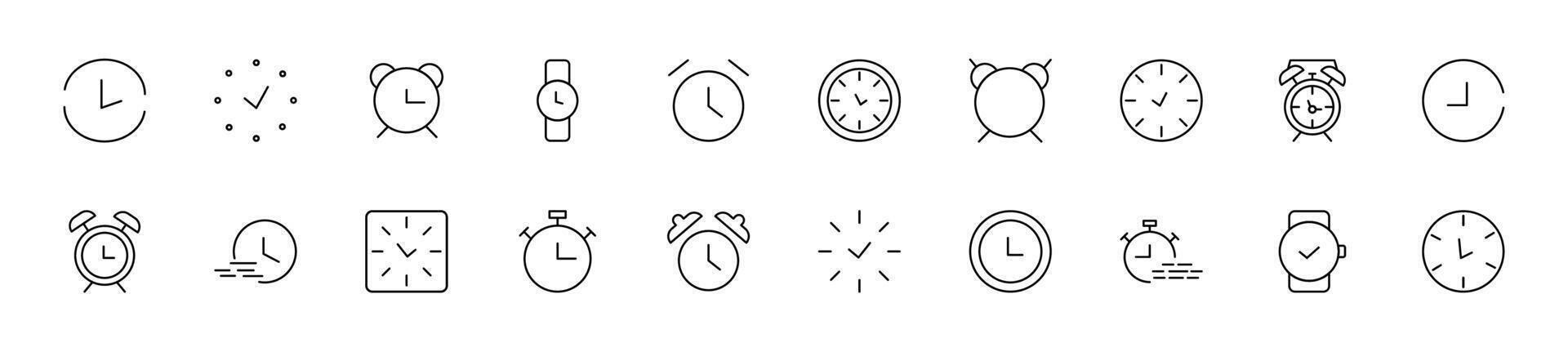 Collection of thin line icons of clock. Linear sign and editable stroke. Suitable for web sites, books, articles vector