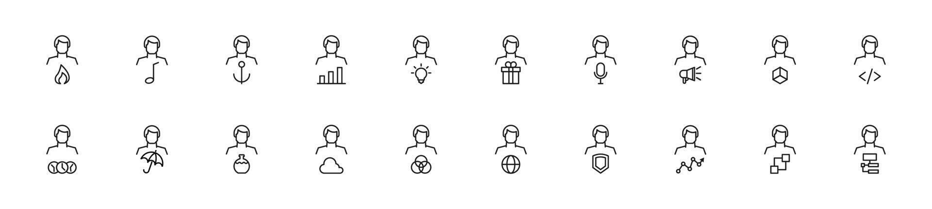 Collection of thin line icons of items by unrecognizable man. Linear sign and editable stroke. Suitable for web sites, books, articles vector