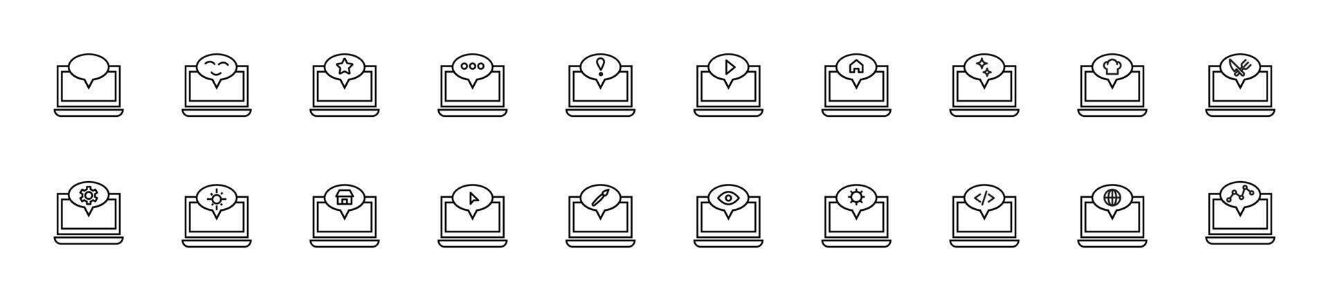Collection of thin line icons of items by laptop. Linear sign and editable stroke. Suitable for web sites, books, articles vector