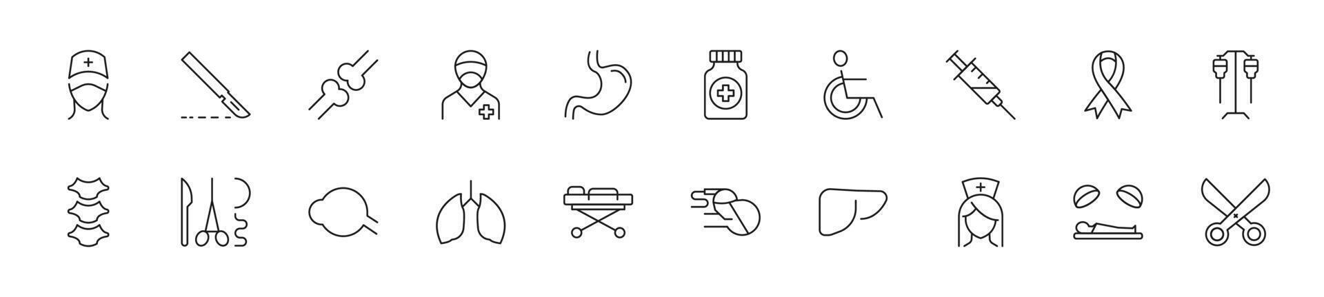Collection of thin line icons of medicine and healthcare. Linear sign and editable stroke. Suitable for web sites, books, articles vector
