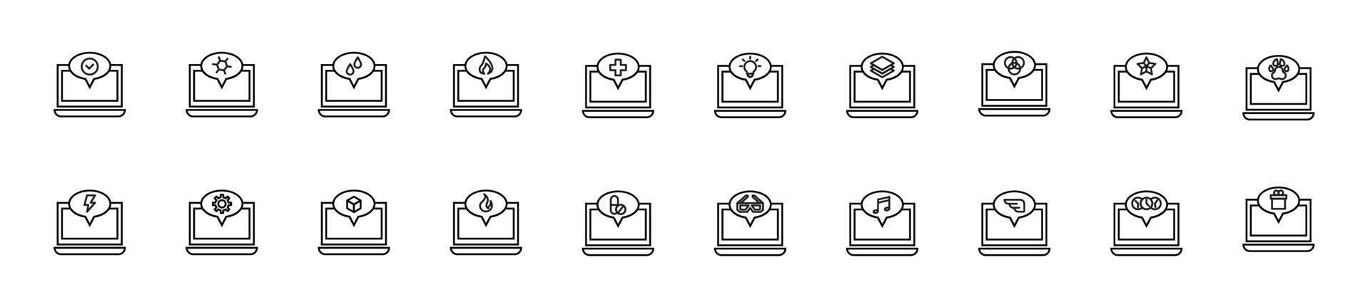 Collection of thin line icons of items inside of a speech bubble by laptop. Linear sign and editable stroke. Suitable for web sites, books, articles vector