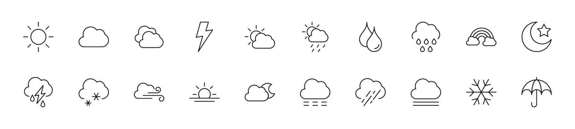 Collection of thin line icons of weather sign. Linear sign and editable stroke. Suitable for web sites, books, articles vector