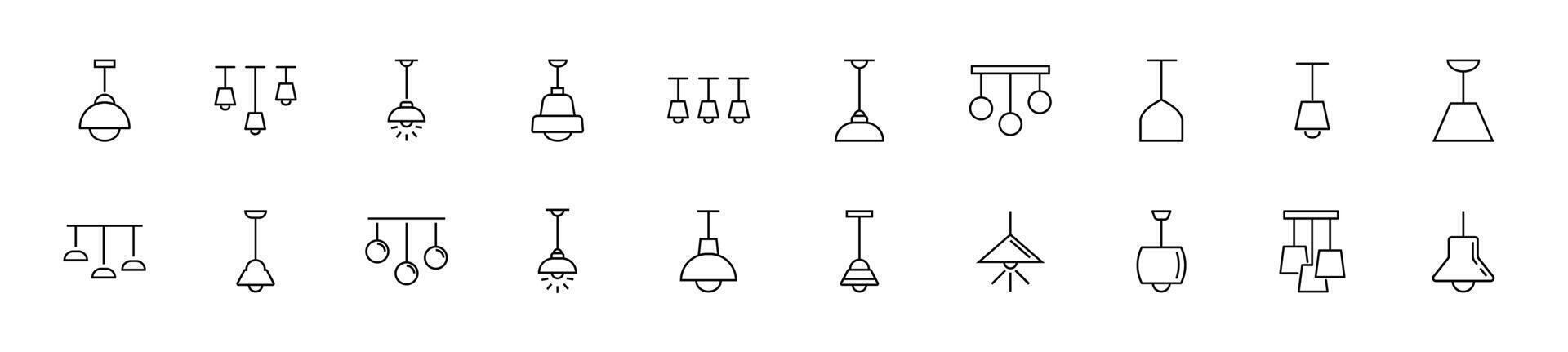 Collection of thin line icons of chandeliers and lamps. Linear sign and editable stroke. Suitable for web sites, books, articles vector