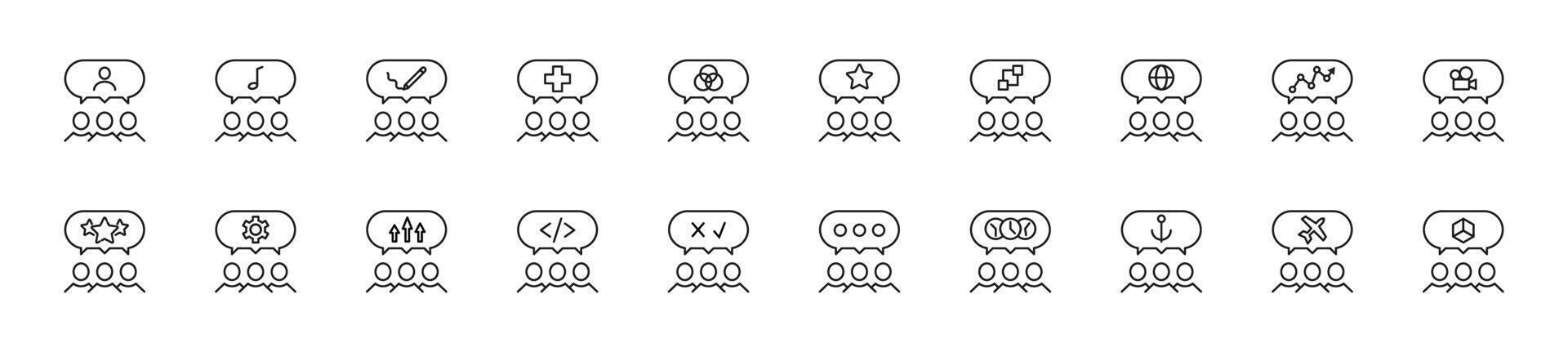 Collection of thin line icons of speech bubble over faceless people. Linear sign and editable stroke. Suitable for web sites, books, articles vector