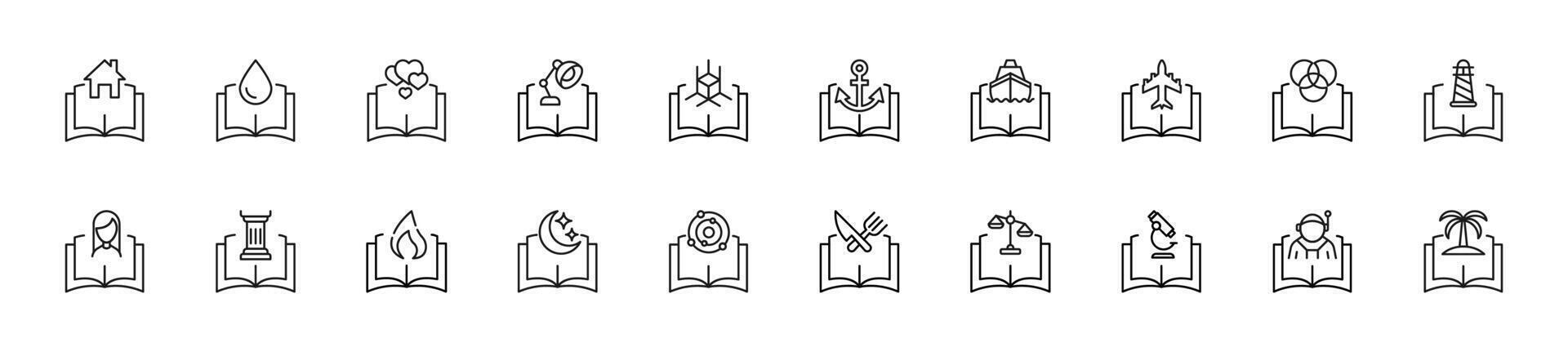 Collection of thin line icons of items over opened book. Linear sign and editable stroke. Suitable for web sites, books, articles vector