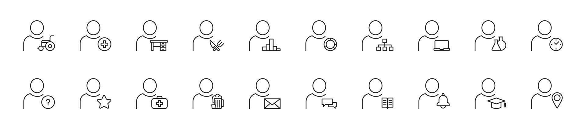 Collection of thin line icons of user with items. Linear sign and editable stroke. Suitable for web sites, books, articles vector