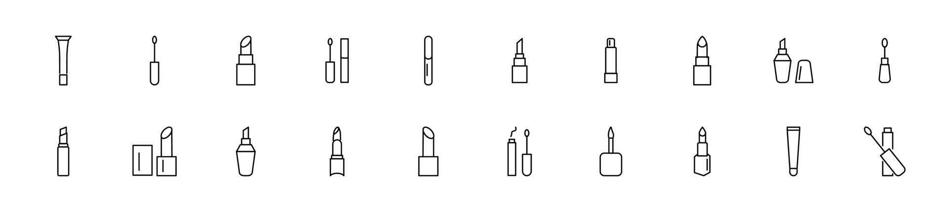 Collection of thin line icons of lipstick and mascara. Linear sign and editable stroke. Suitable for web sites, books, articles vector