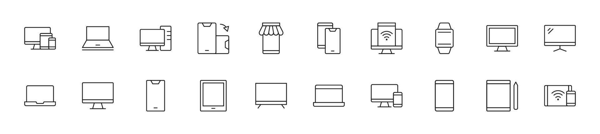 Collection of thin line icons of computers, tablets and mobile phones. Linear sign and editable stroke. Suitable for web sites, books, articles vector