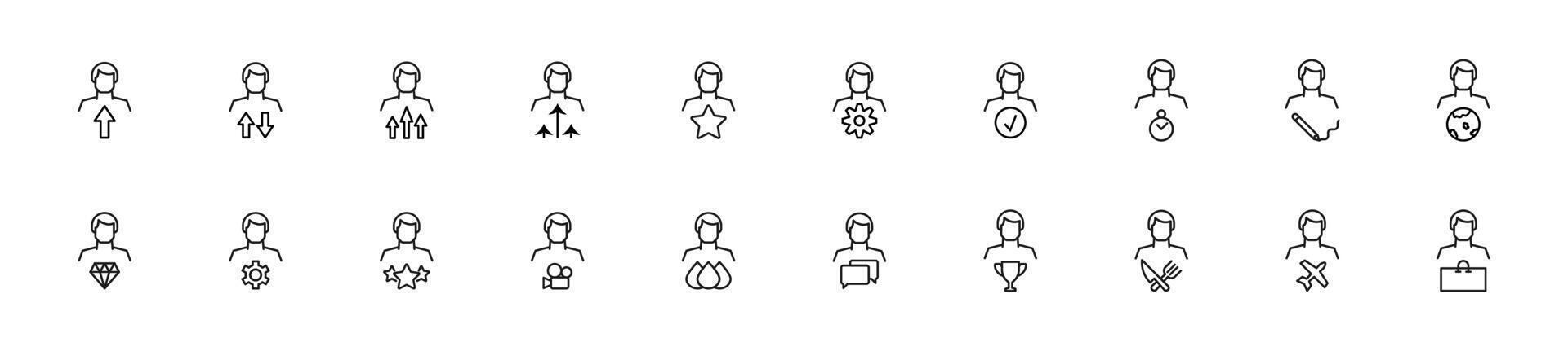 Collection of thin line icons of items by faceless man. Linear sign and editable stroke. Suitable for web sites, books, articles vector