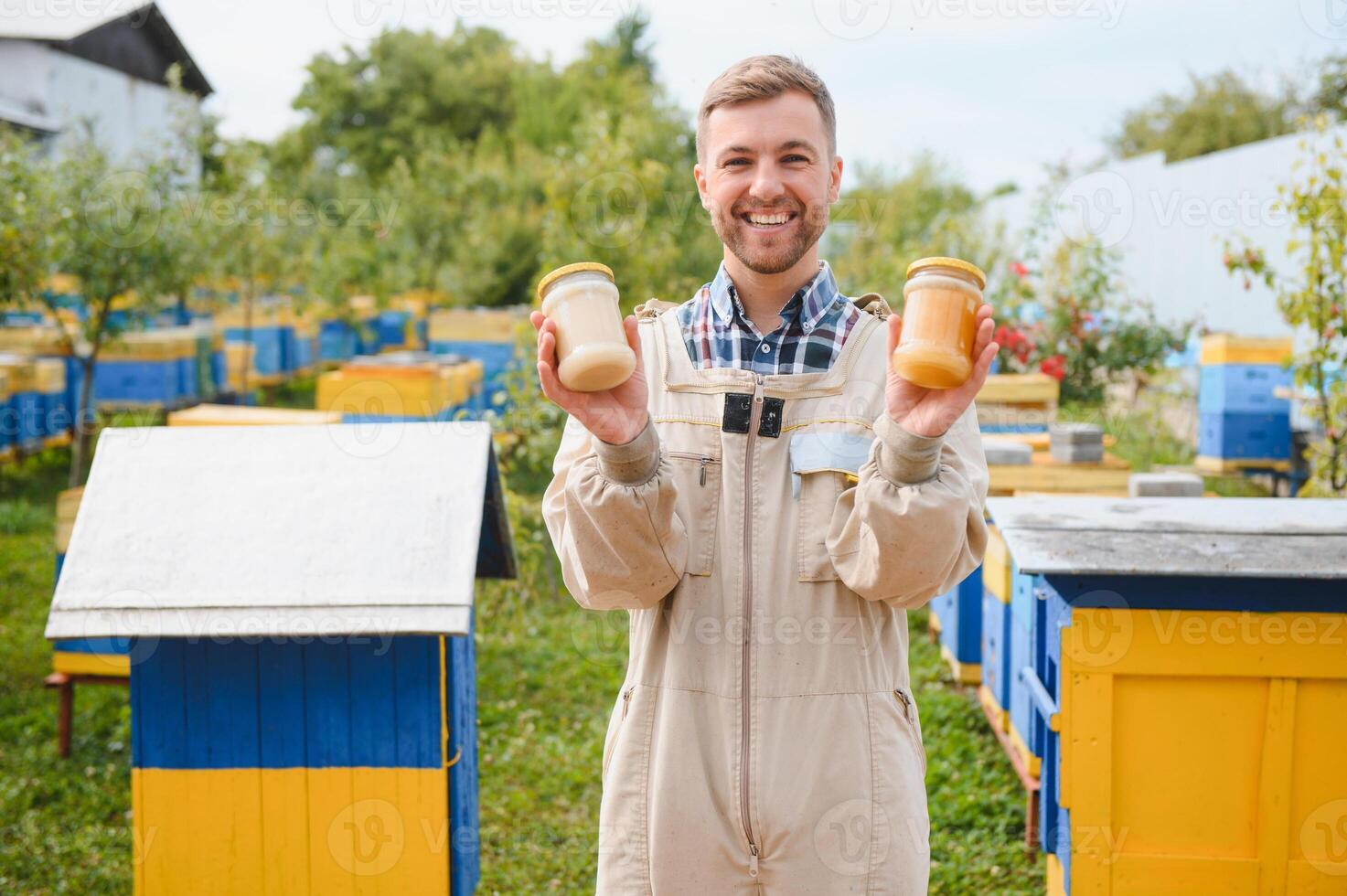 Beekeeper is working with bees and beehives on apiary. Bees on honeycomb. Frames of bee hive. Beekeeping. Honey. Healthy food. Natural products. photo