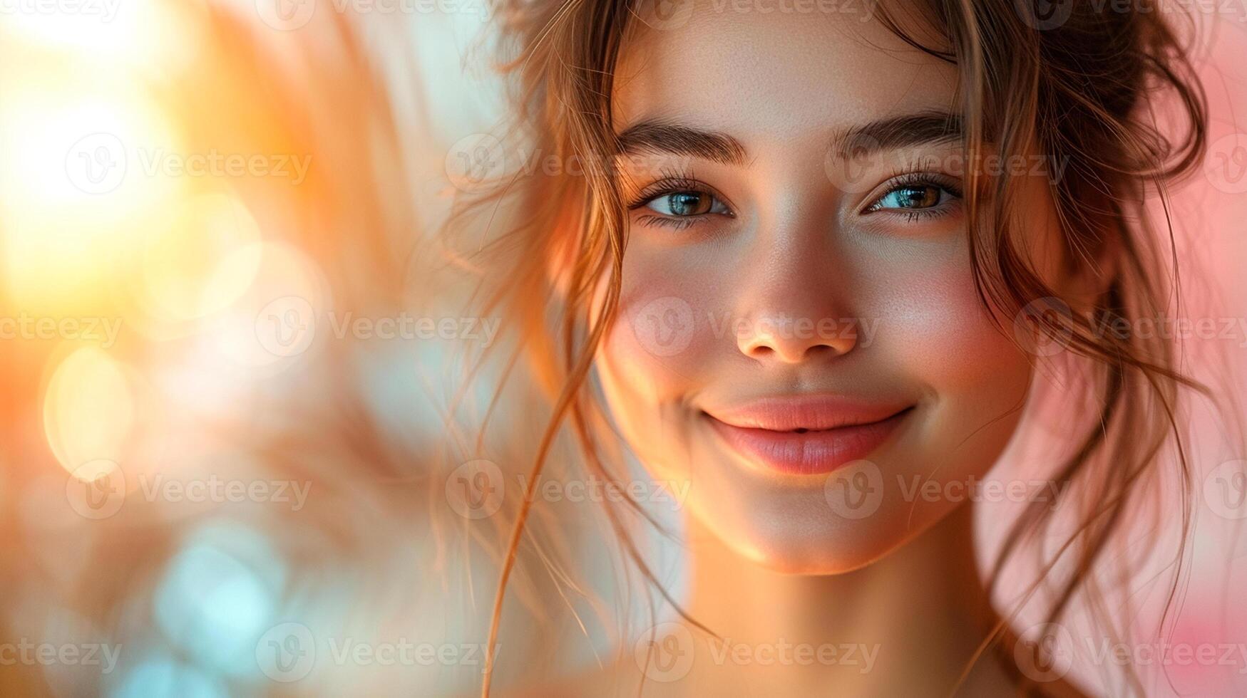 AI Generated Close up beauty portrait of a laughing beautiful half naked 20s woman looking at camera isolated over city background Generative AI photo