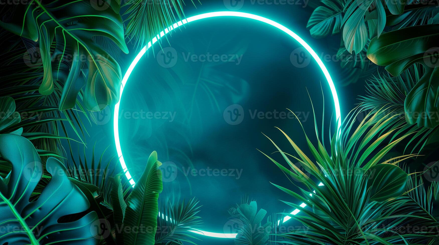 AI Generated Modern trendy neon glowing light with neon green palm tropical leaves on a dark blue background. Generative AI photo