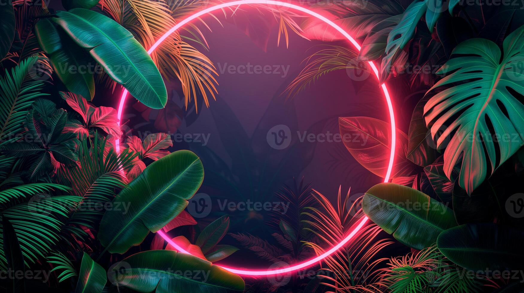 AI Generated Modern trendy neon glowing light with neon green palm tropical leaves on a dark blue background. Generative AI photo