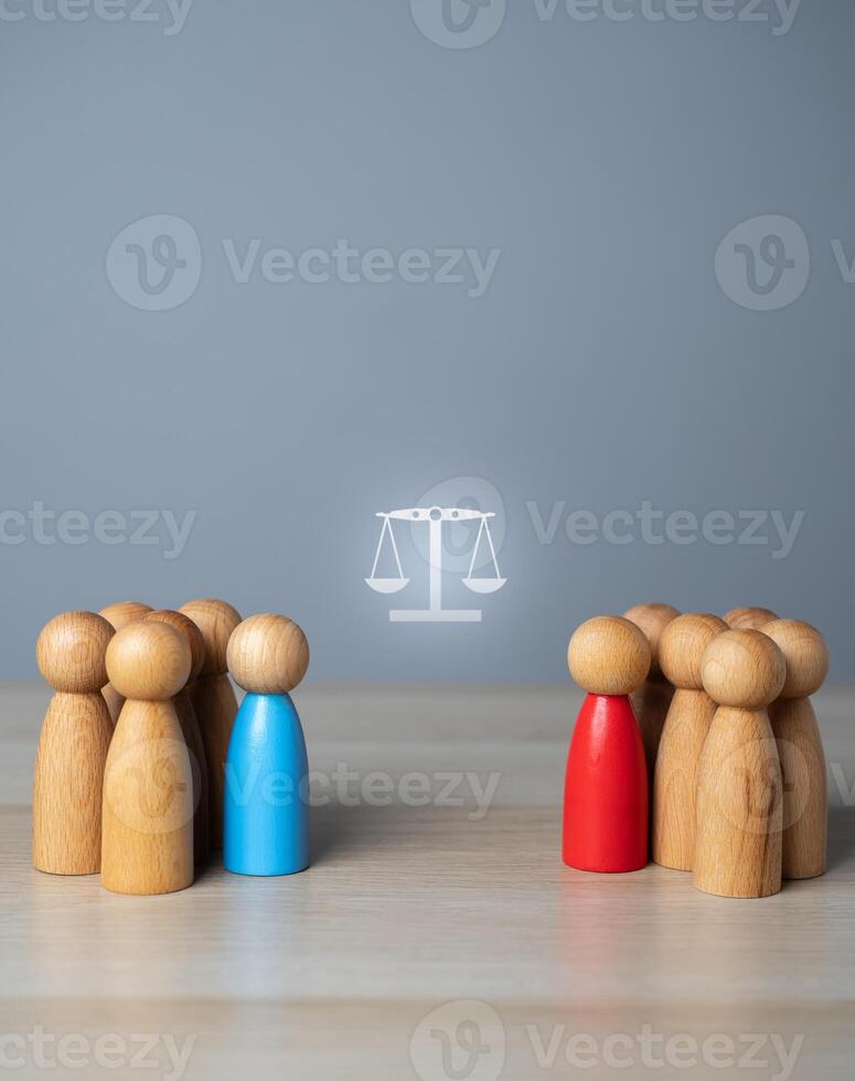 The two opposing groups resolve the dispute through the courts. Conflict resolution through a disinterested independent person. Reach a compromise. Negotiations and bidding. photo
