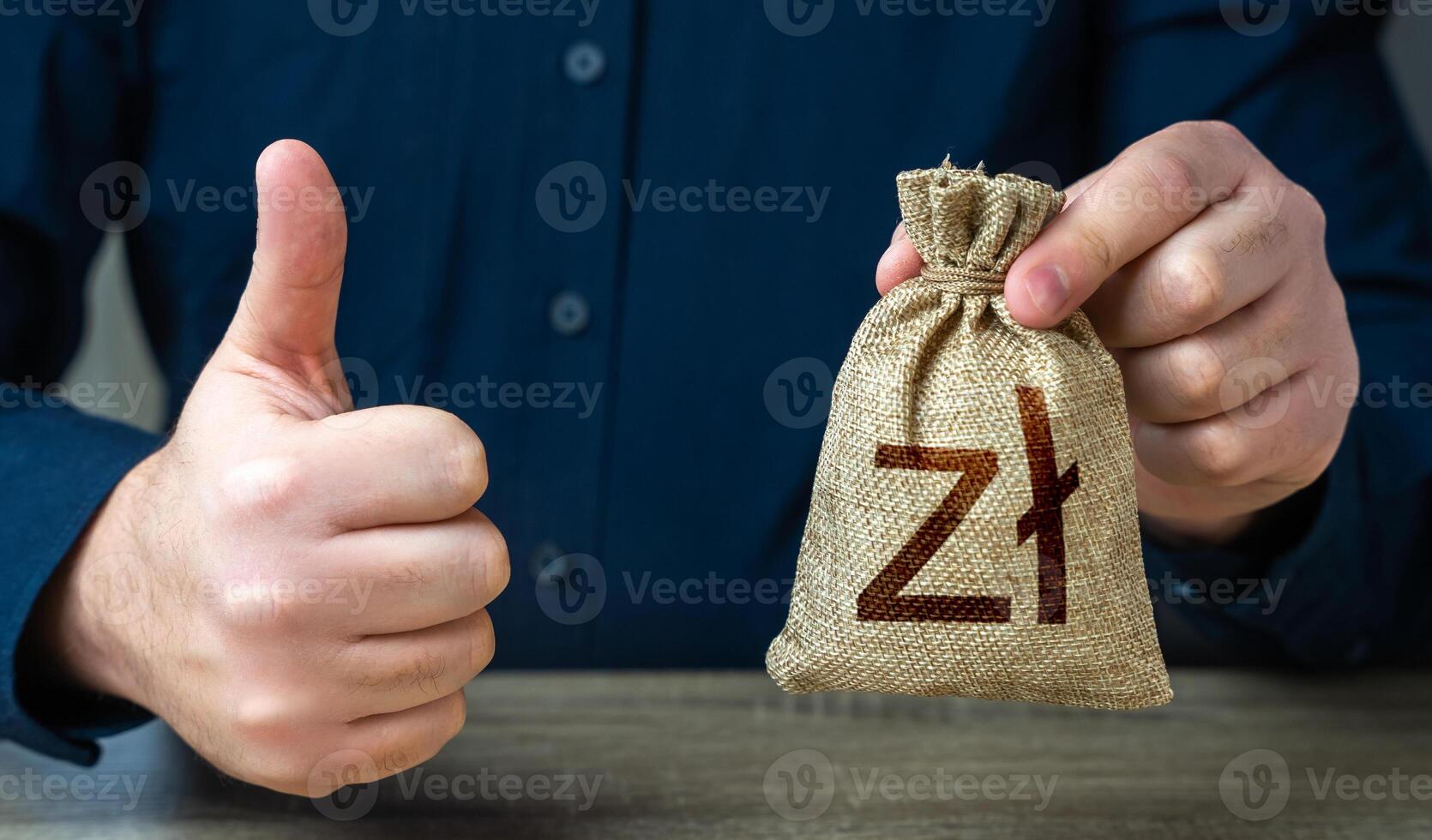 The man approves the deal or loan. Profit generating deposits savings. Thumbs up and polish zloty money bag. Agreement to be hired for a job at the offered salary. photo