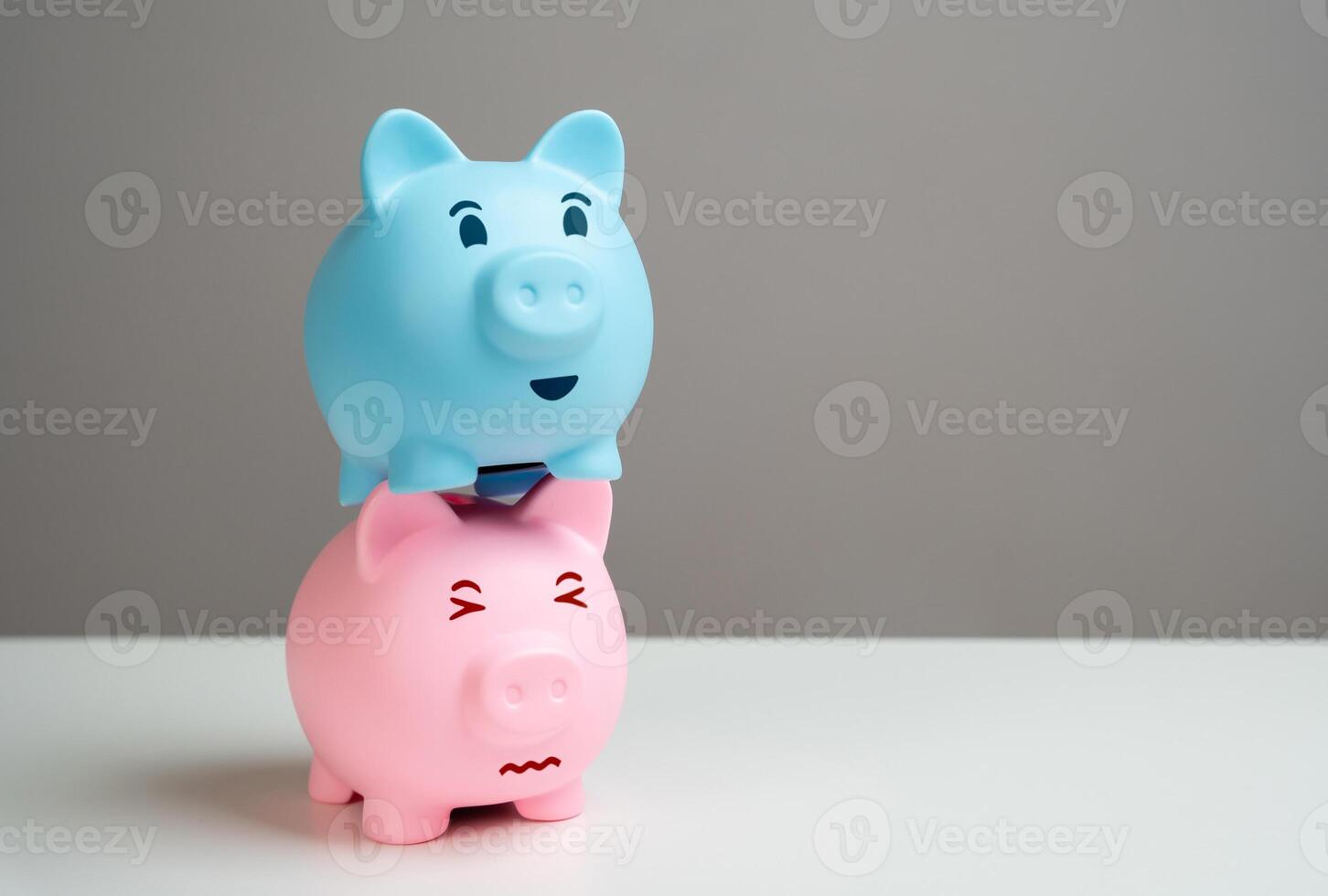 The blue piggy bank financially exploits the pink one. The concept of an unhealthy relationship between a couple where the partner is unemployed or infringes on the rights of the partner. photo