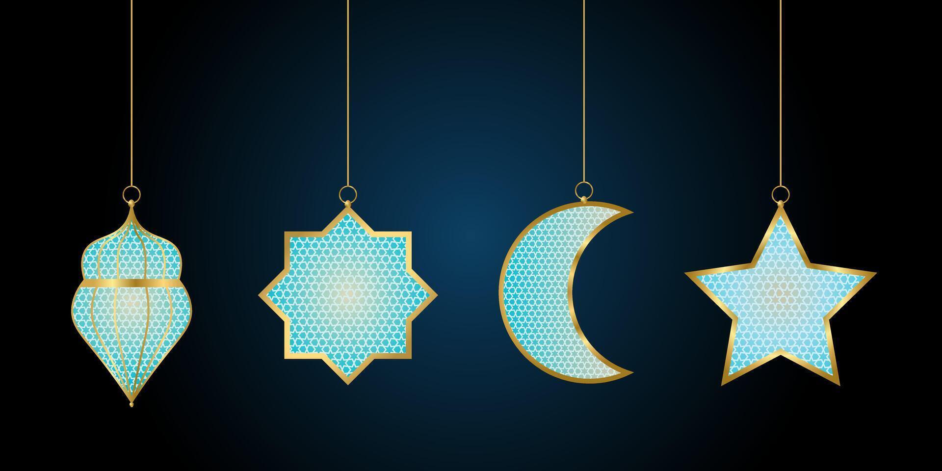 Islamic Ornament. Lantern, Moon, Crescent, Star Element Blue Gold Color. Elegant Luxury. vector