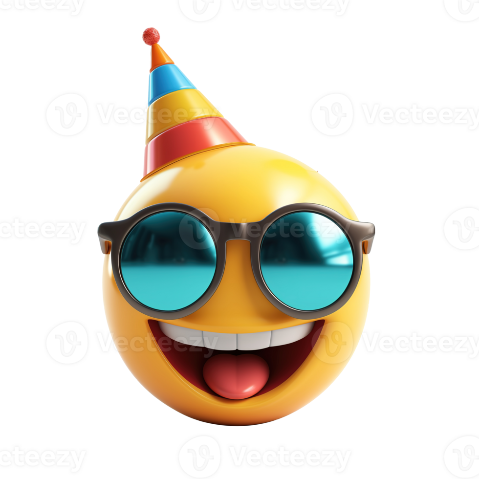 AI generated 3d icon of smiling face with party hat and sunglasses isolated on transparent background png