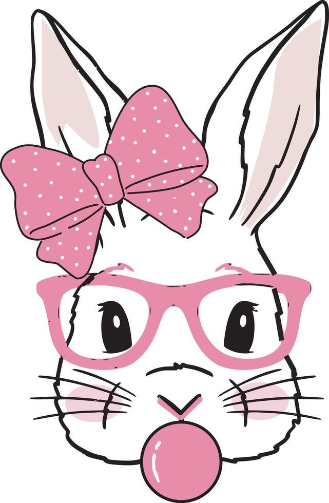 Cute Rabbit with Glasses Retro Bubble Gum Pink Bow Tie Easter Bunny T shirt Design vector