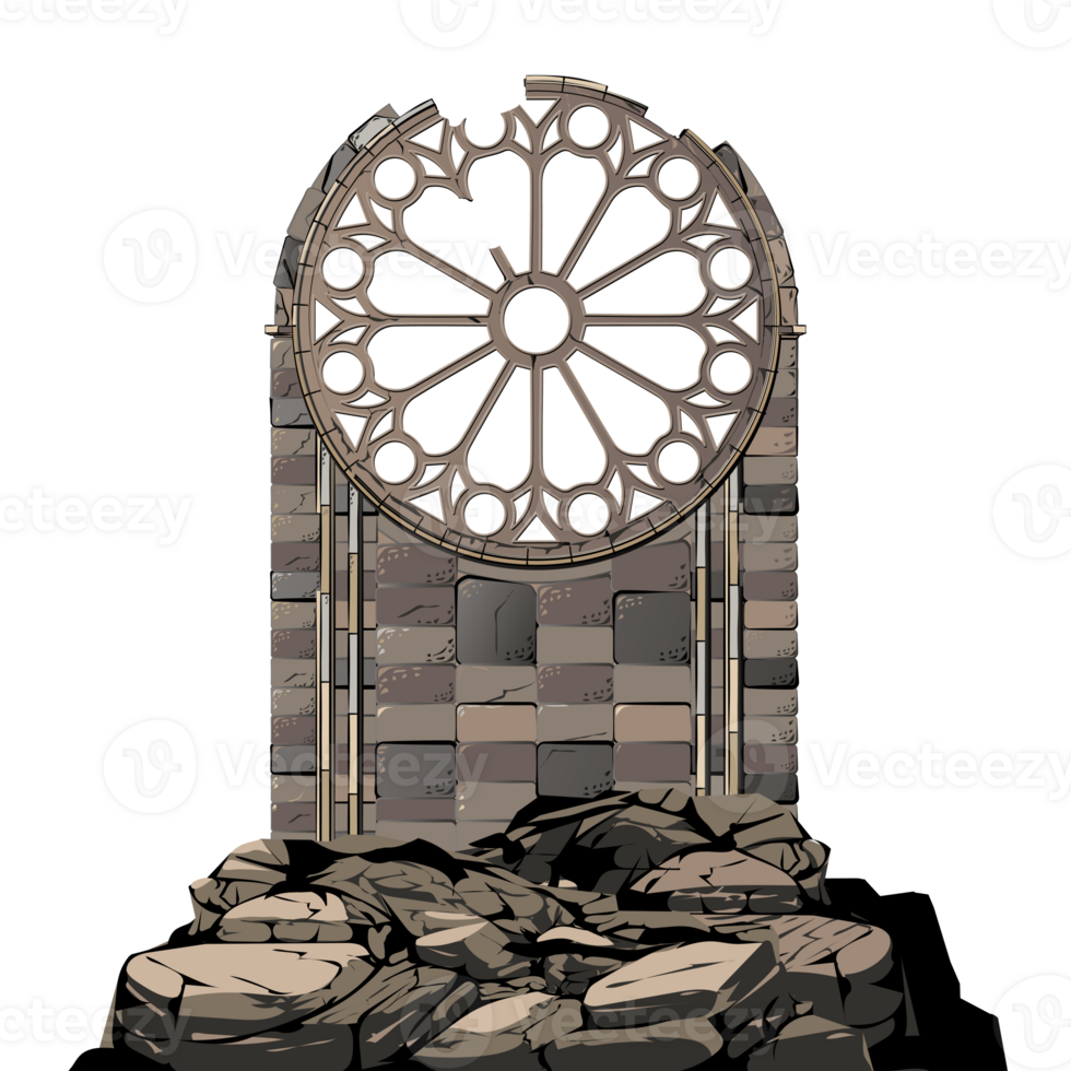 Medieval rose window in ruins. stone background over cloudy sky png