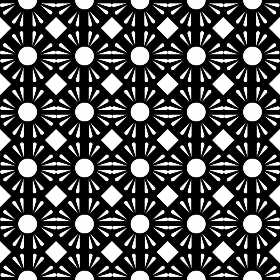 Geometric radiant floral symmetry pattern, seamless black and white background, vector illustration.