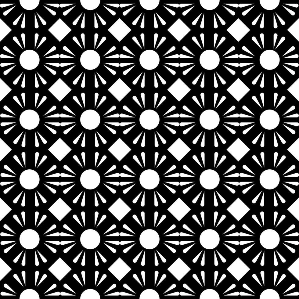 Geometric radiant floral symmetry pattern, seamless black and white background, vector illustration.