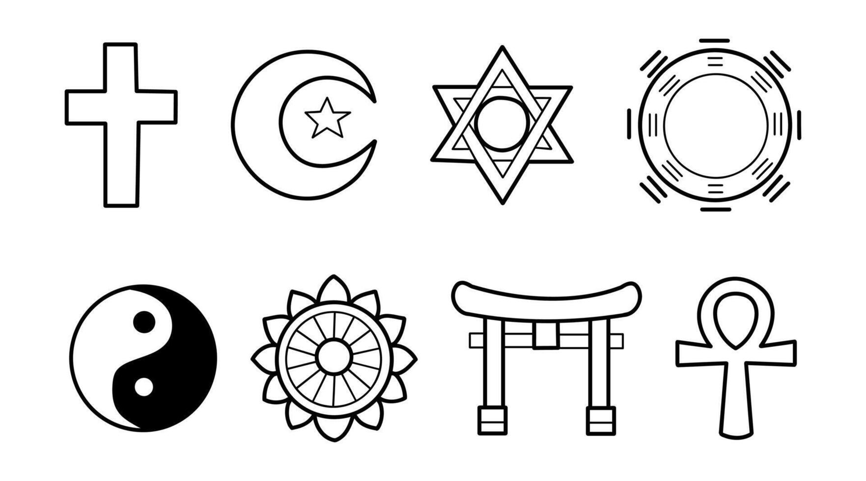 religioso y espiritual símbolos recopilación, universal íconos y símbolos de fe, monocromo línea Arte estilo, vector ilustraciones.