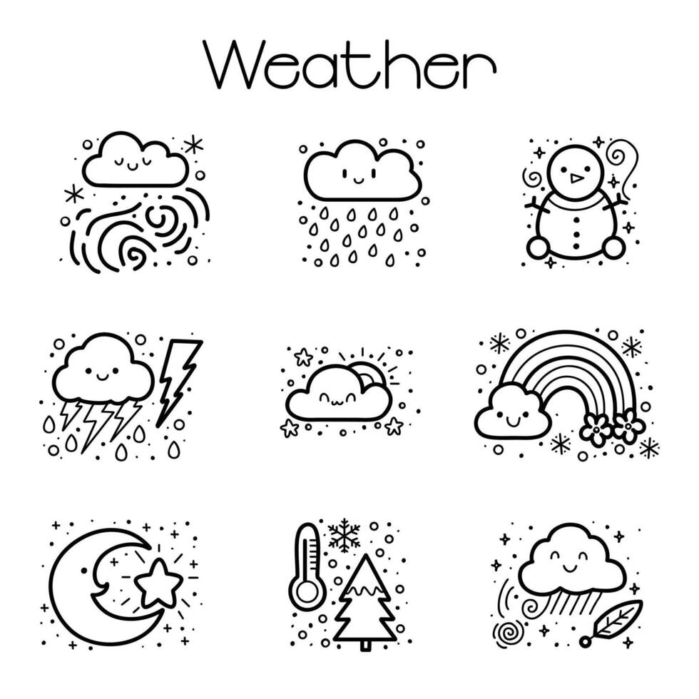 Weather icon set in doodle style, including snow, rain, thunderstorm and other meteorological symbols, vector illustration.