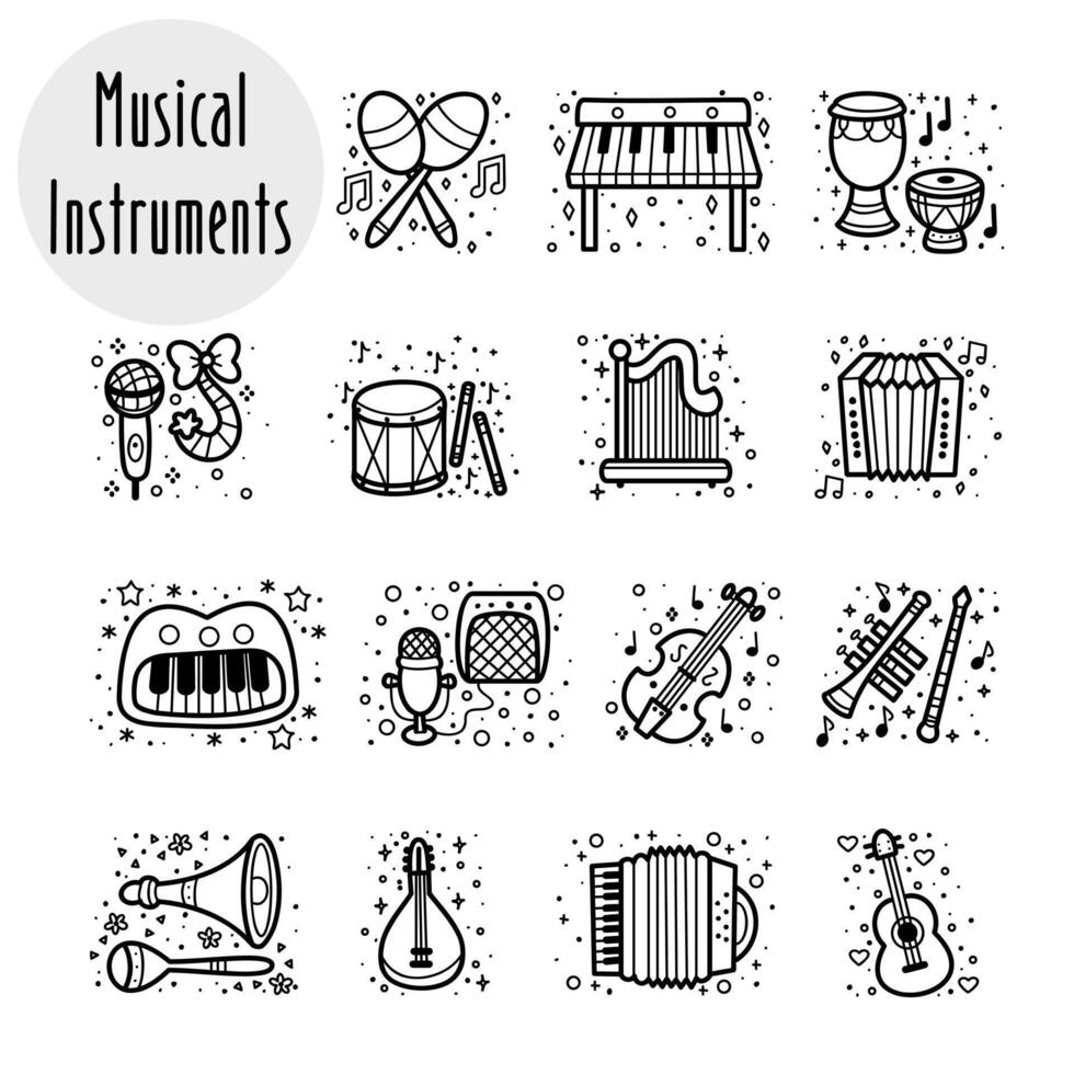 musical instrumentos en linda garabatear estilo, mano dibujado negro y blanco icono recopilación, vector ilustración.