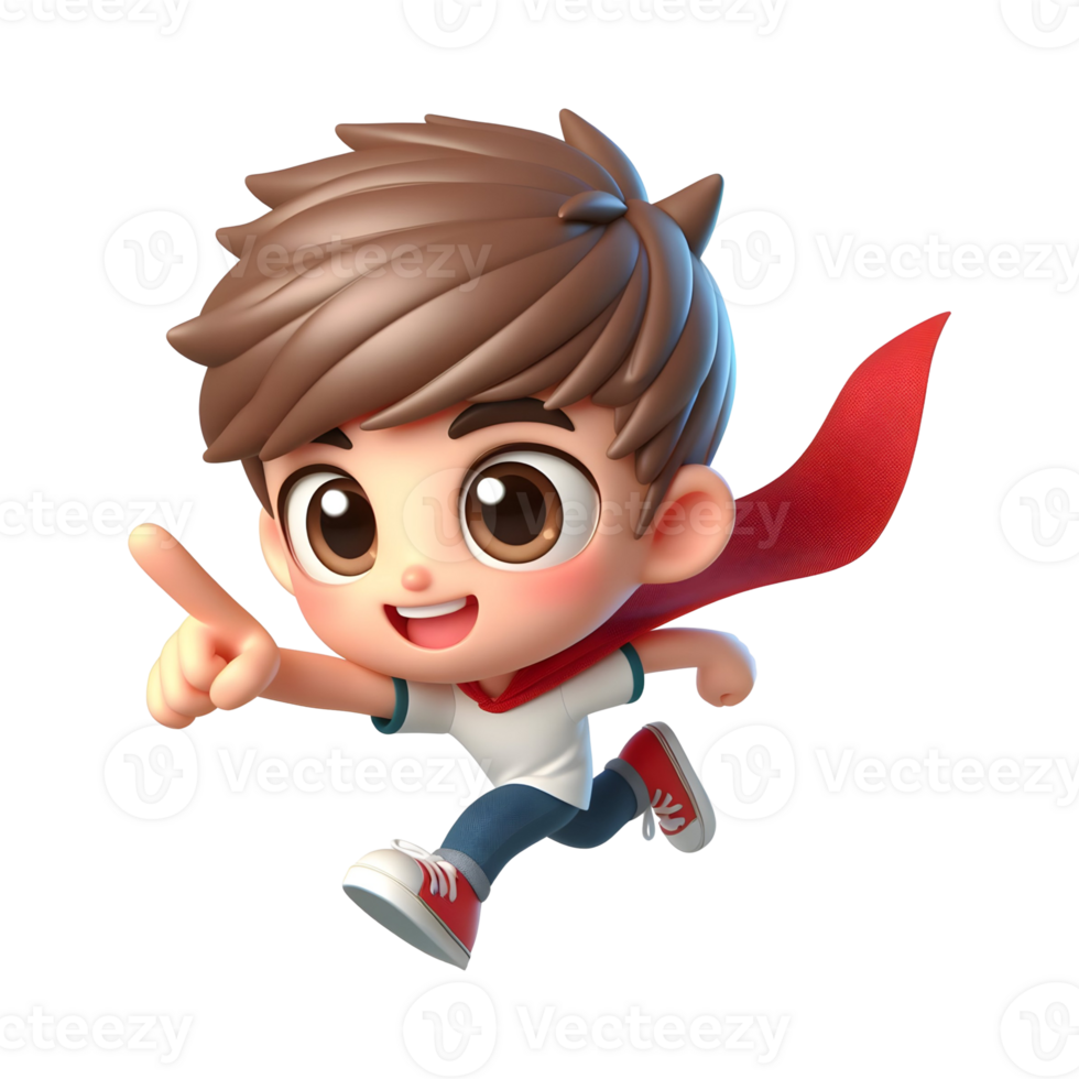 AI generated 3d happy cartoon superhero boy running with cape and pointing on transparent background. png