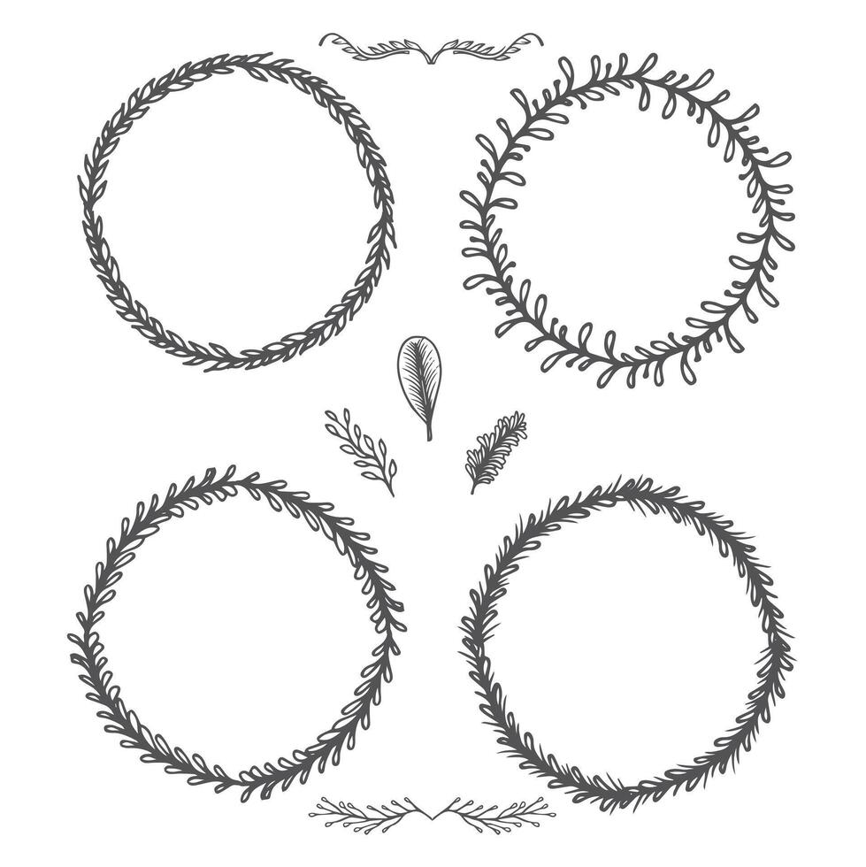 Doodle botanical circle frame. Hand-drawn round line border, leaves and flowers, wedding invitation and cards, logo design, and poster template vector