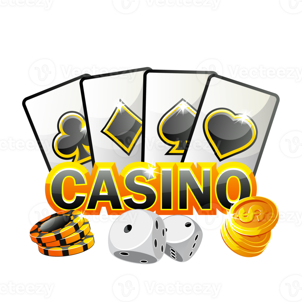 Golden-black icon for the casino. Illustration Poker Cards, dice, coins and Chip Games. png