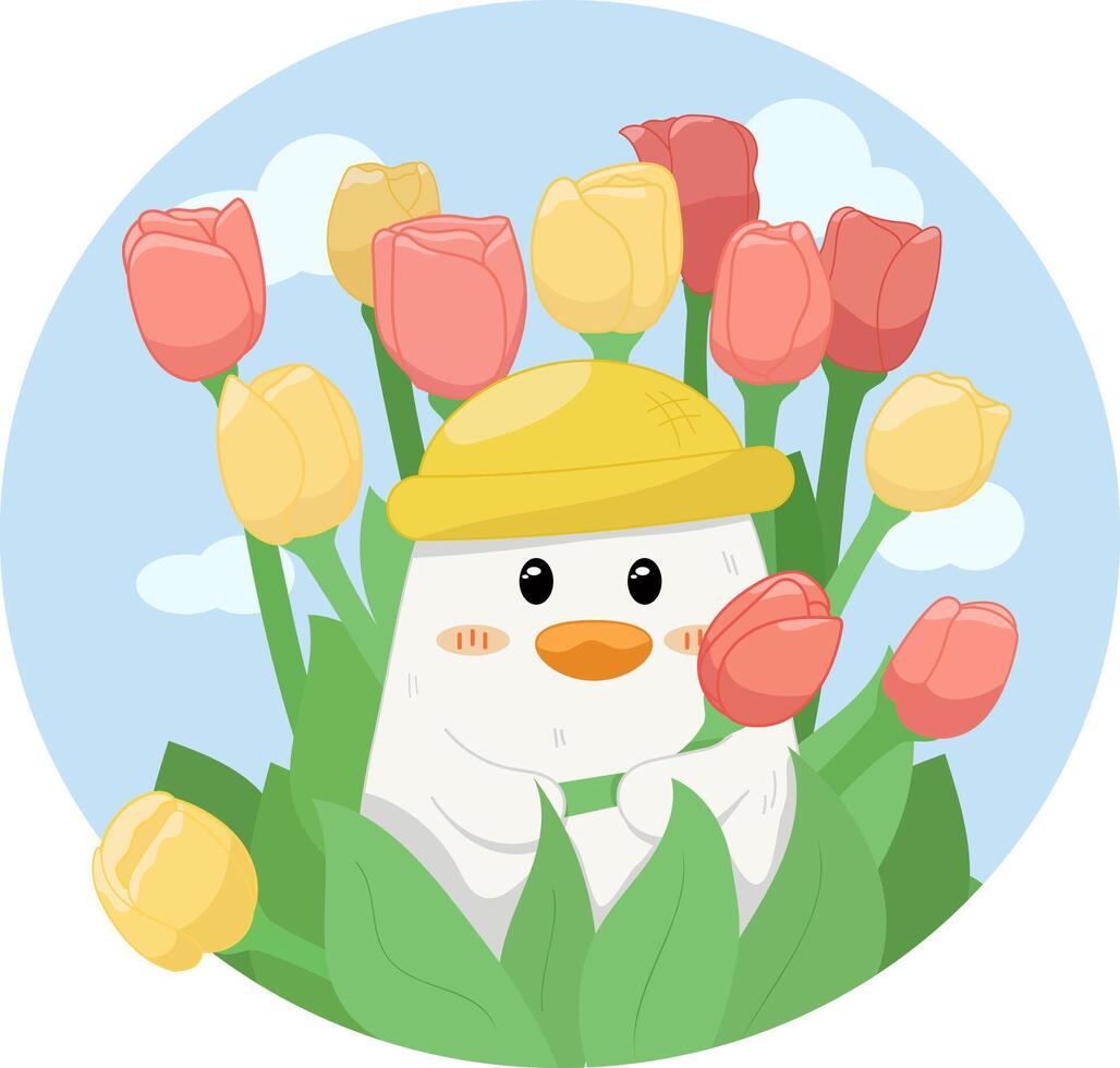 vector flat illustration, summer duck with tulips, sunny weather