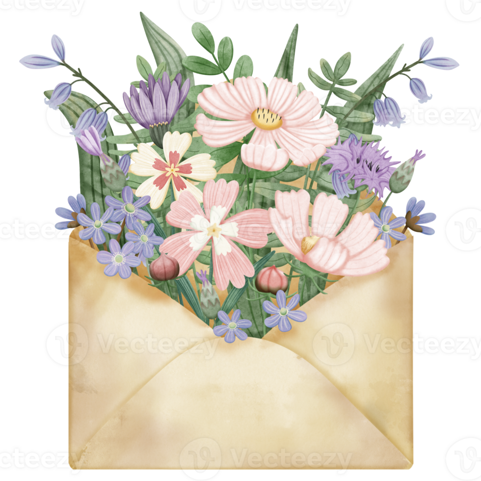 Hand draw spring flowers in old envelope png
