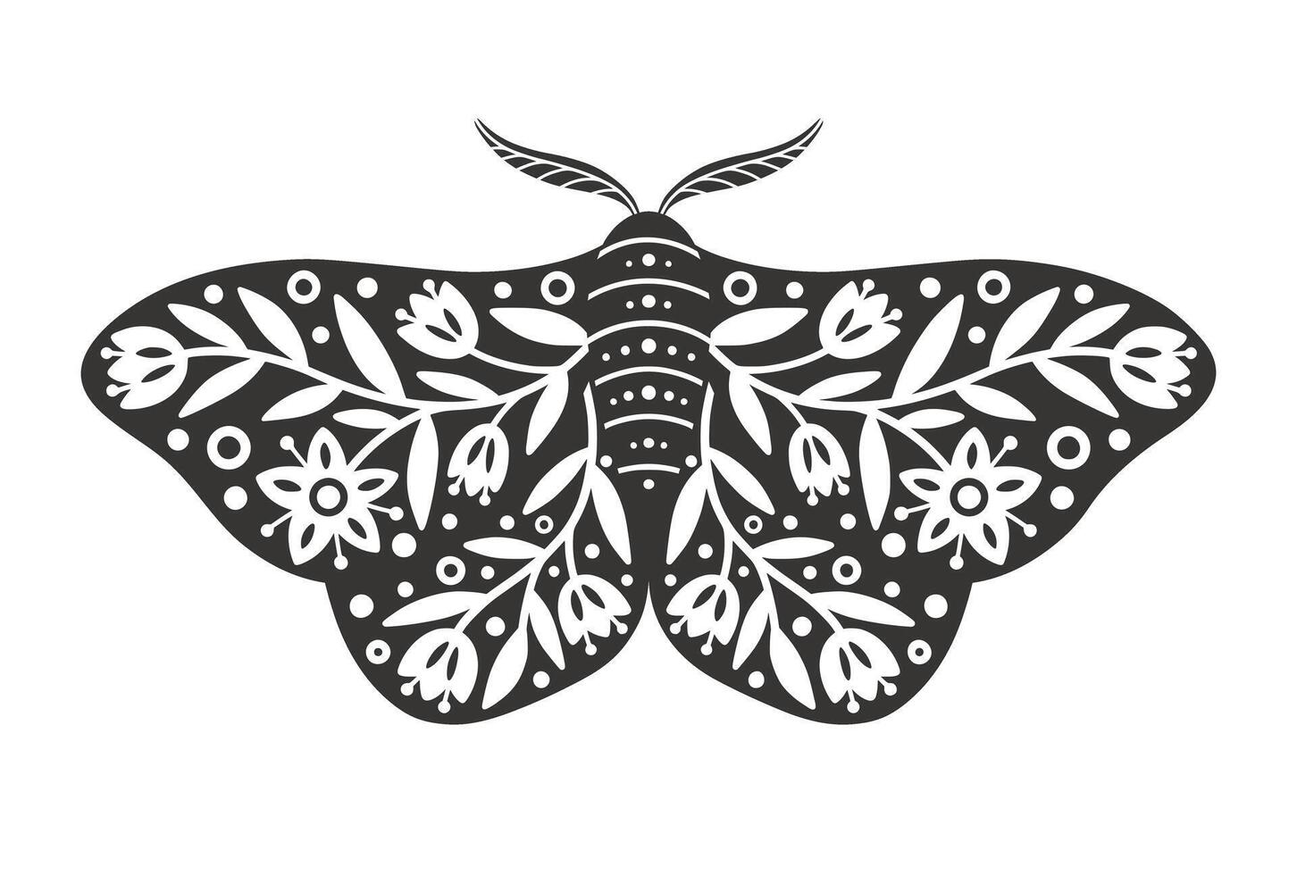 polilla icono con ornamento de flores y hojas. Clásico silueta de negro y blanco místico polilla o mariposa. volador celestial insecto, vector ilustración